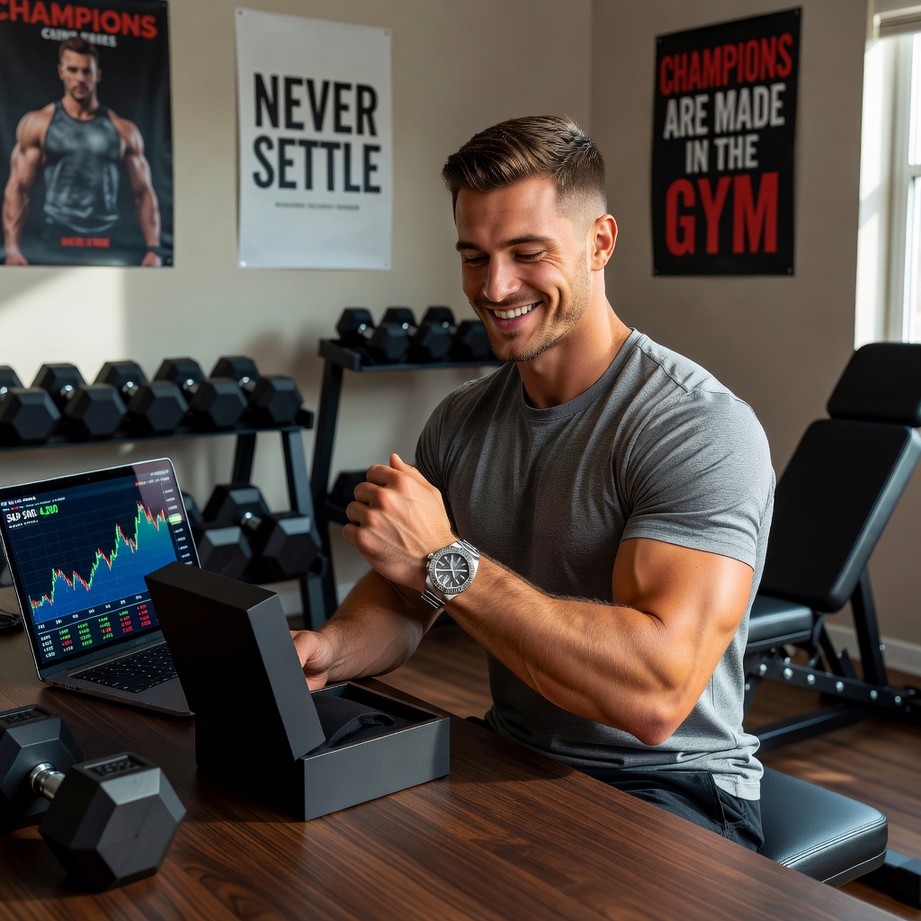 Jake Harlan unboxing a luxury dupe watch while reviewing investment charts on laptop