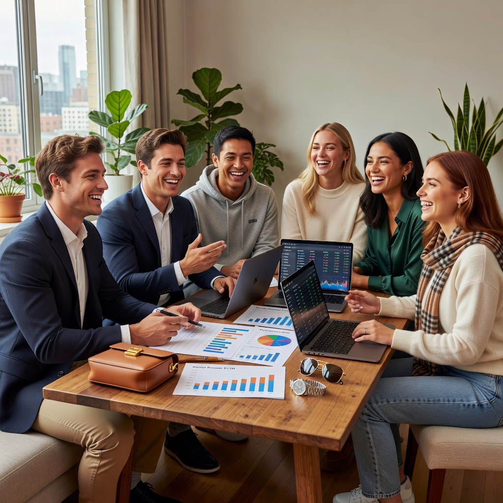 Group of young White and Asian men with cheerful girlfriends discussing finance trends around a table with charts and dupes