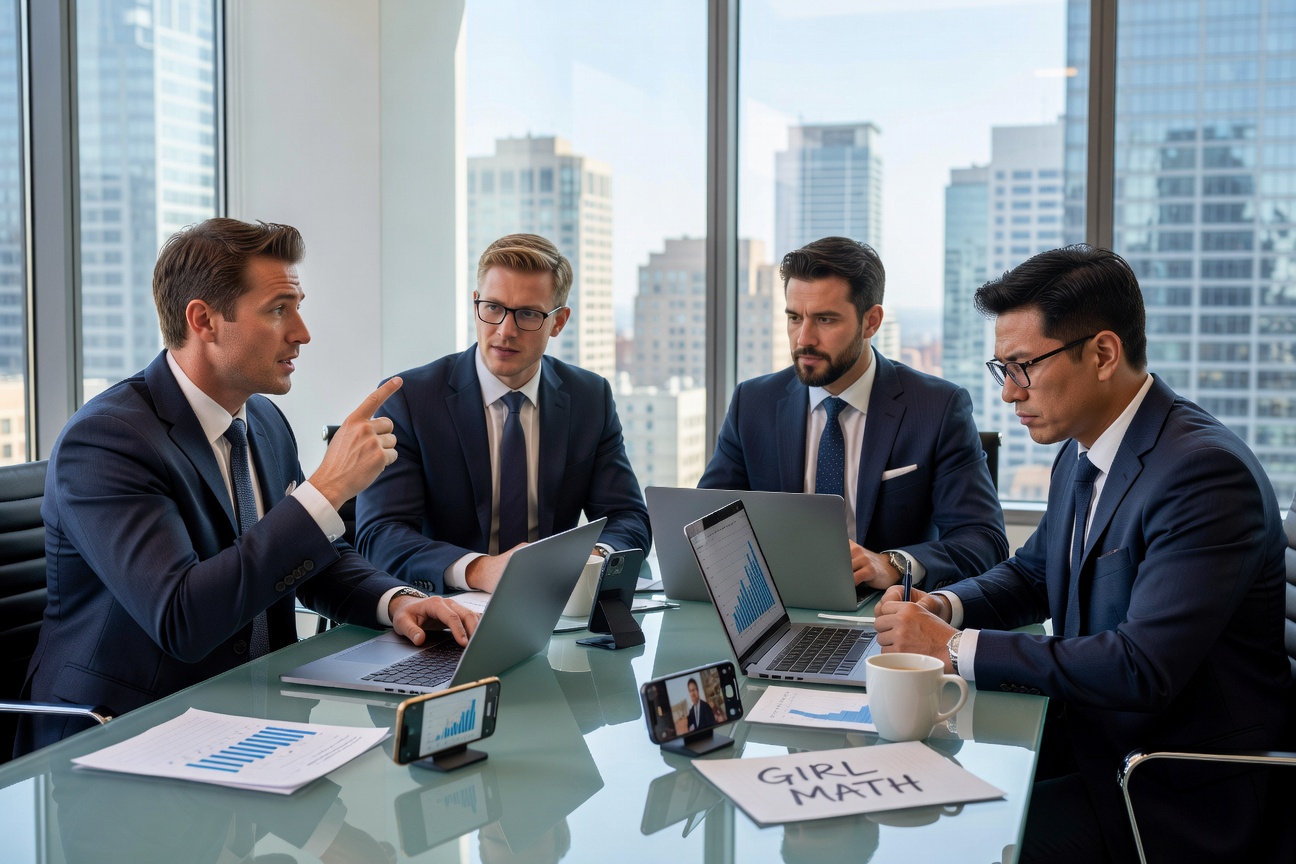 Young professionals in a lively debate around a conference table, charts and phones scattered
