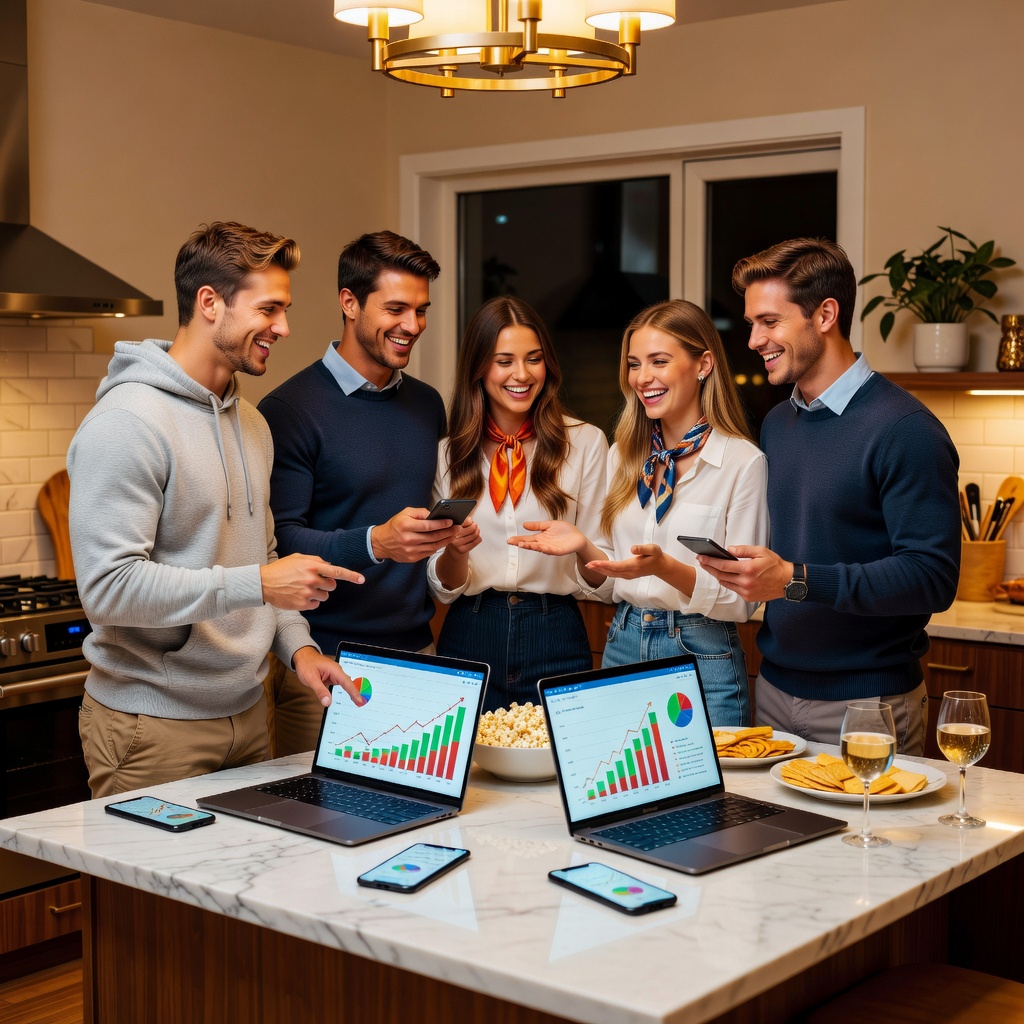 Group of healthy young White men and cheerful girlfriends reviewing investment charts on phones