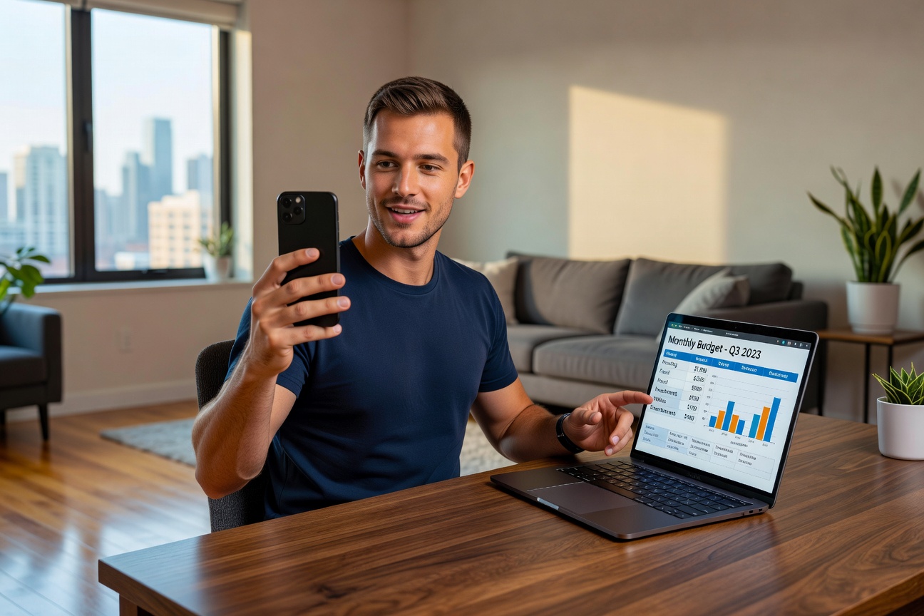 Young White man filming TikTok video about his monthly budget breakdown, confident expression, modern home office setup with laptop and notebook showing expense categories.