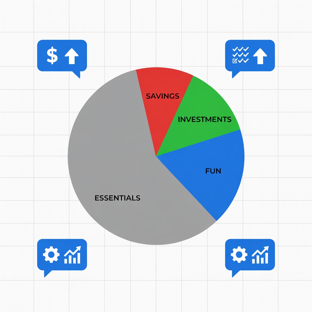 Infographic-style illustration of a budget pie chart with categories like rent, investments, and fun, surrounded by speech bubbles with money-saving tips, vibrant colors, clean modern design.
