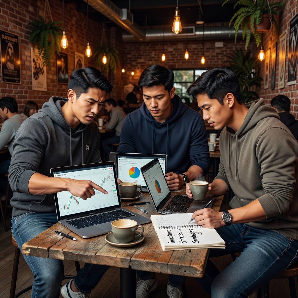 Group of three young Asian men in casual attire sitting around a table in a coffee shop, laptops open, discussing budgets with charts on screen, focused and collaborative atmosphere.