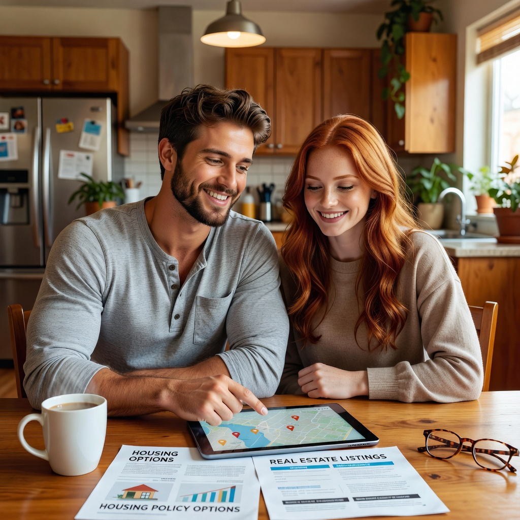 Couple reviewing housing policy options over coffee