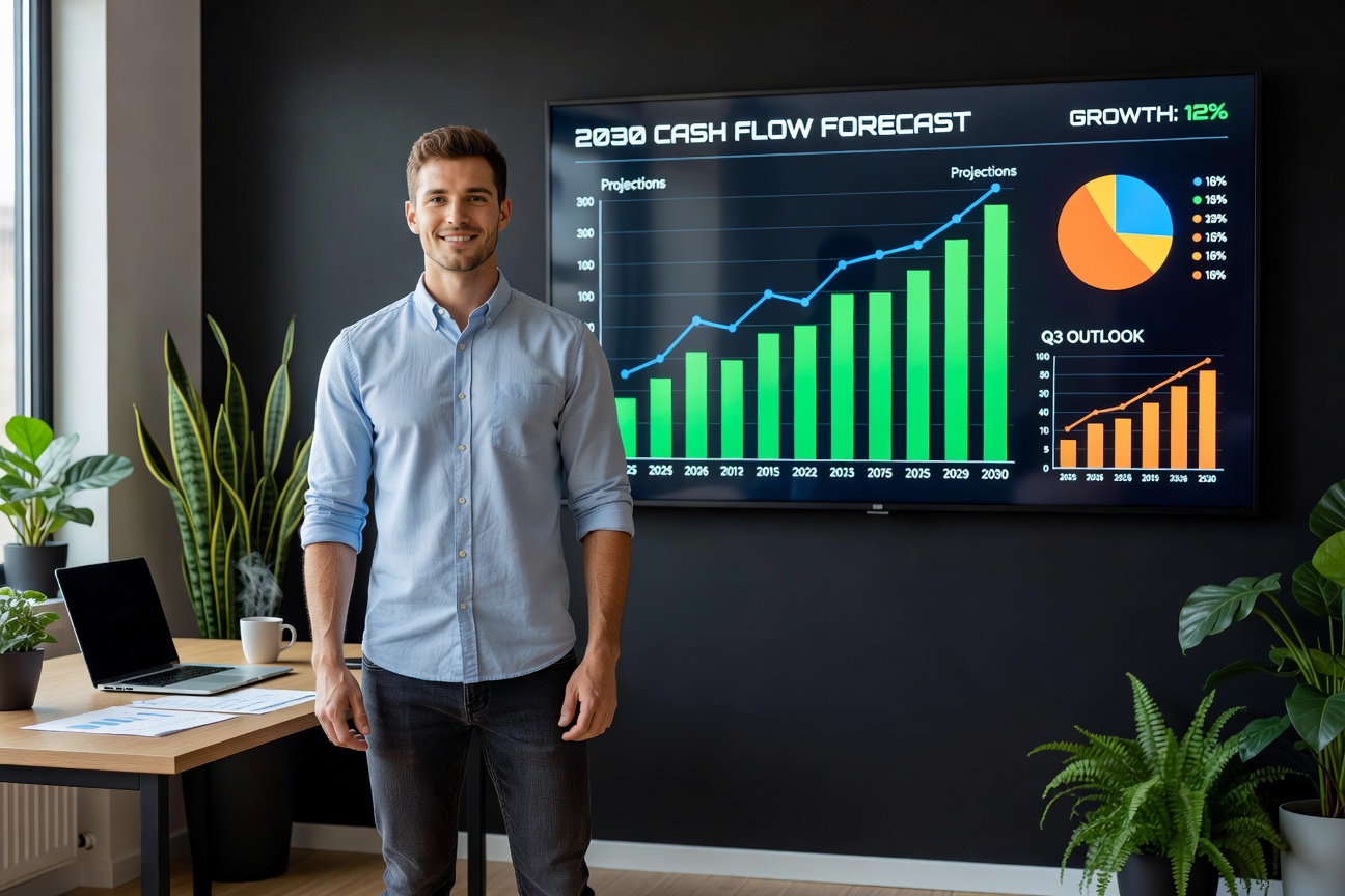 Young entrepreneur forecasting cash flow on digital dashboard