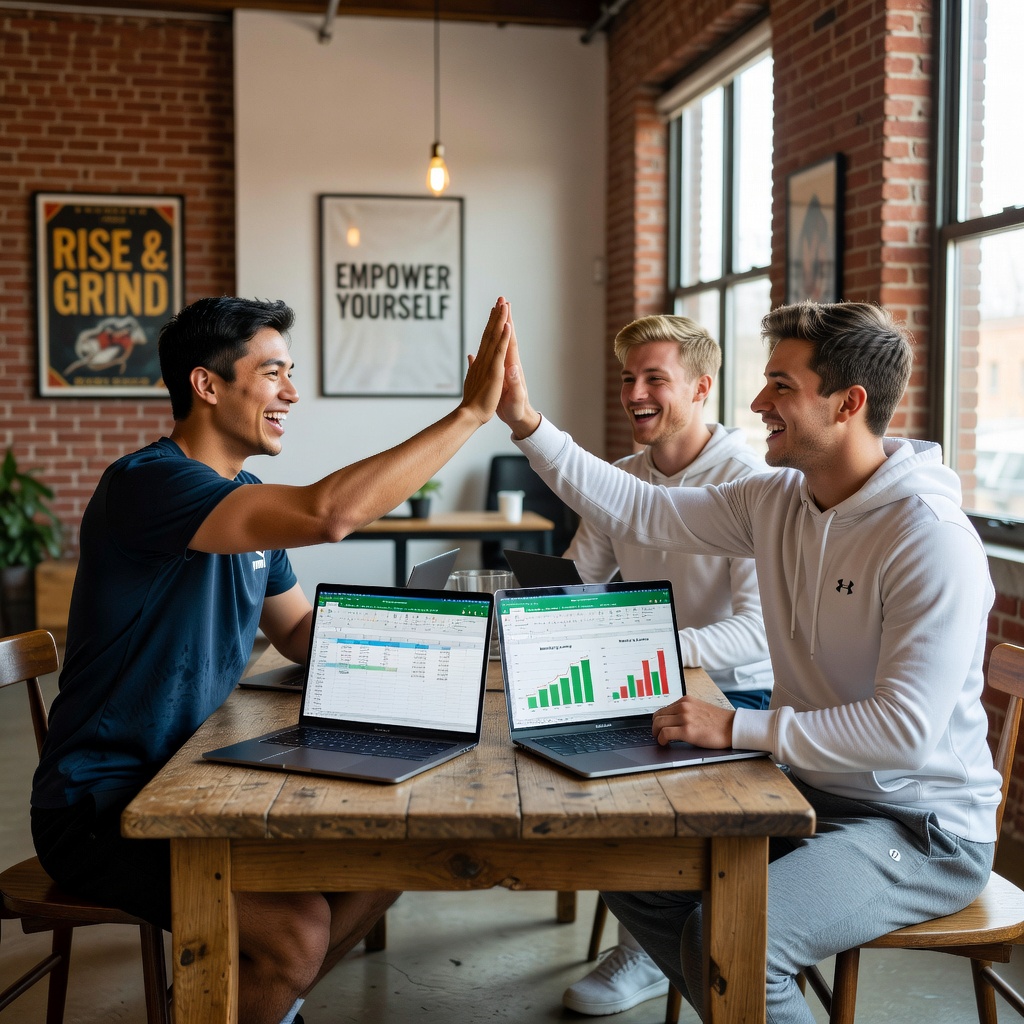 Group of young men brainstorming cash flow strategies around a laptop