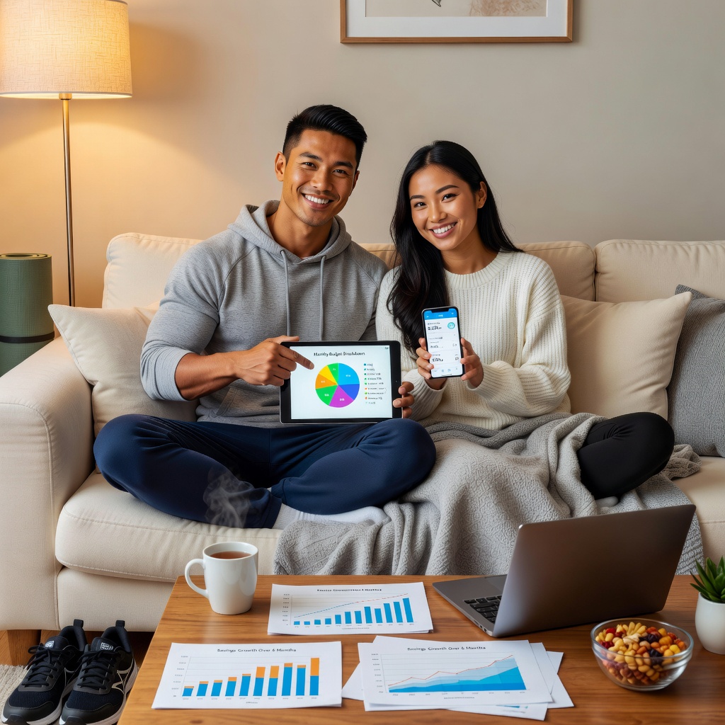 Healthy Asian man and cheerful girlfriend reviewing budget charts happily
