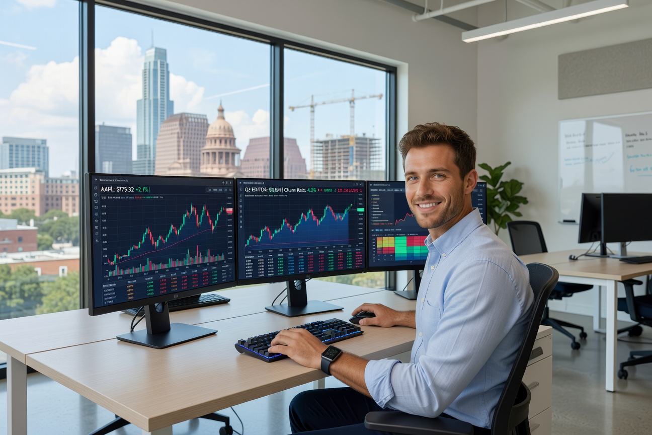 Jake Harlan, Gen Z entrepreneur, reviewing financial dashboards in his startup office