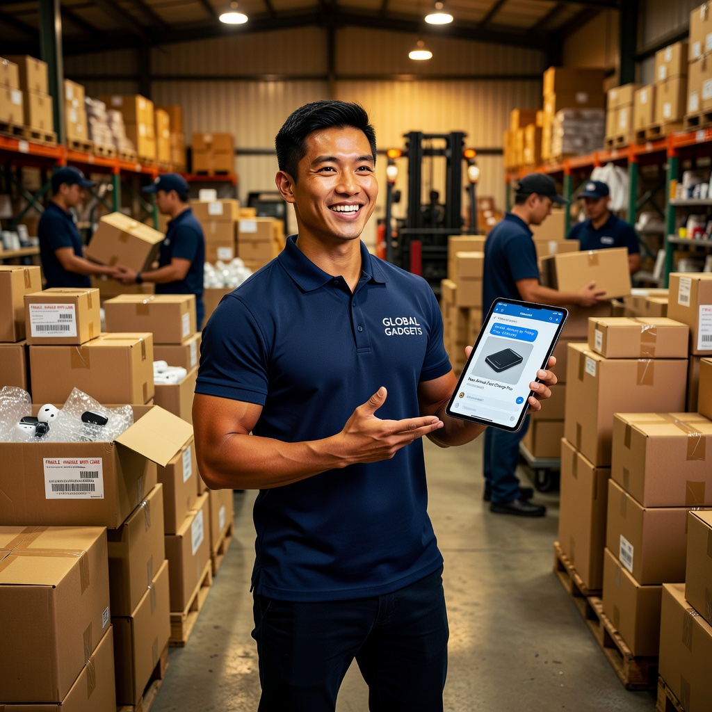 Wei Chen negotiating deals in a bustling e-commerce warehouse