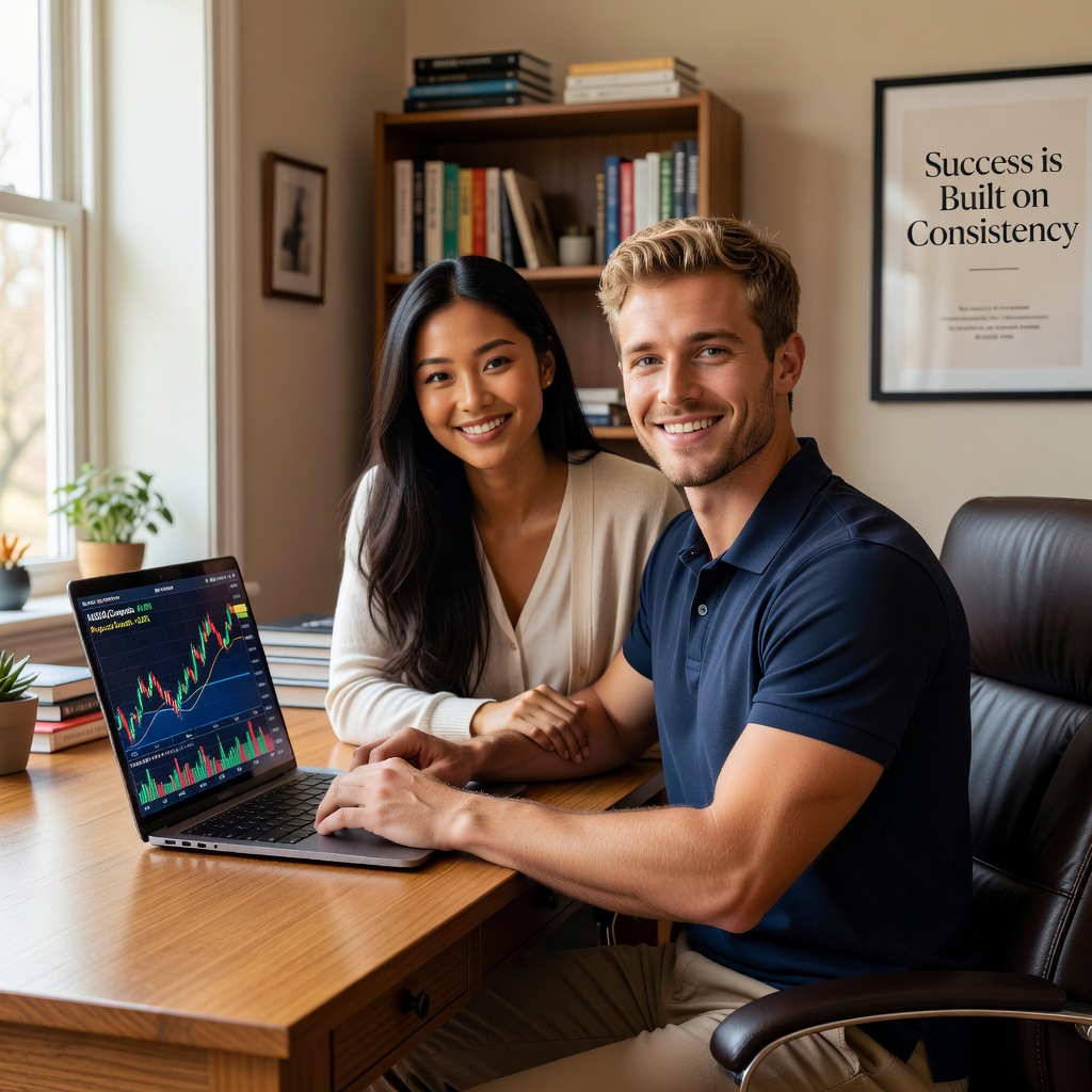 Ryan Novak analyzing investment charts with his partner in a sunlit home office