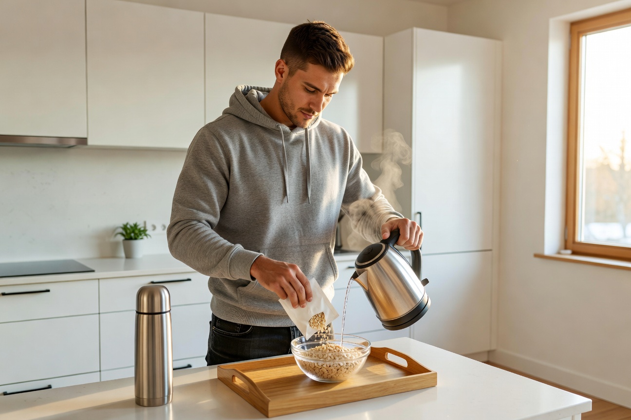Young White man in modern kitchen brewing coffee and portioning oats at dawn, focused and energized