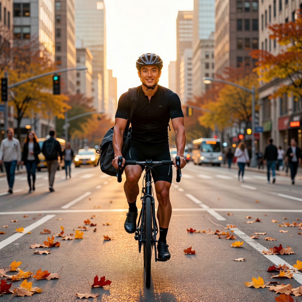 Asian man in his 20s biking through urban streets at sunrise, laptop bag slung over shoulder, determined expression