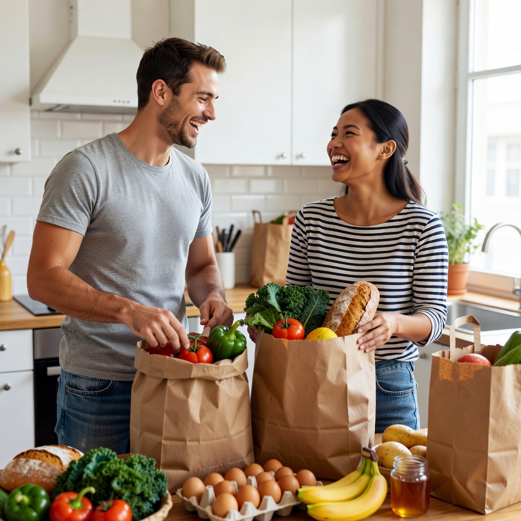 Healthy White man and cheerful Asian girlfriend laughing over shared bulk grocery haul in sunny apartment kitchen