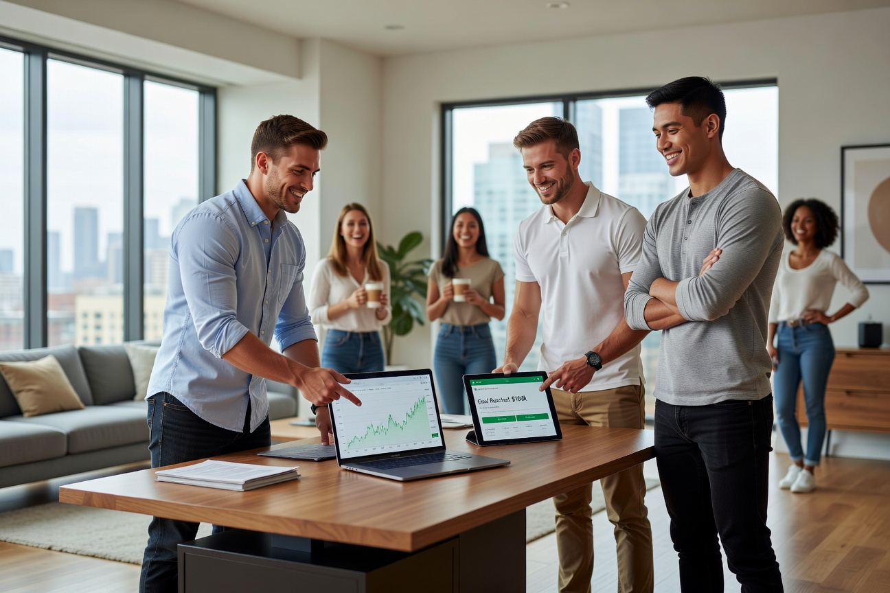 Three young healthy White and Asian men standing confidently in a modern home office, reviewing investment portfolios on laptops, with their cheerful good-looking girlfriends smiling supportively nearby, high-energy atmosphere of success and camaraderie