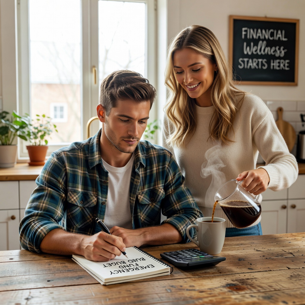 Healthy 26-year-old White man in casual attire sitting at a kitchen table, calculator and notebook in hand, methodically building his emergency fund spreadsheet, cheerful good-looking girlfriend pouring coffee in background, warm morning light