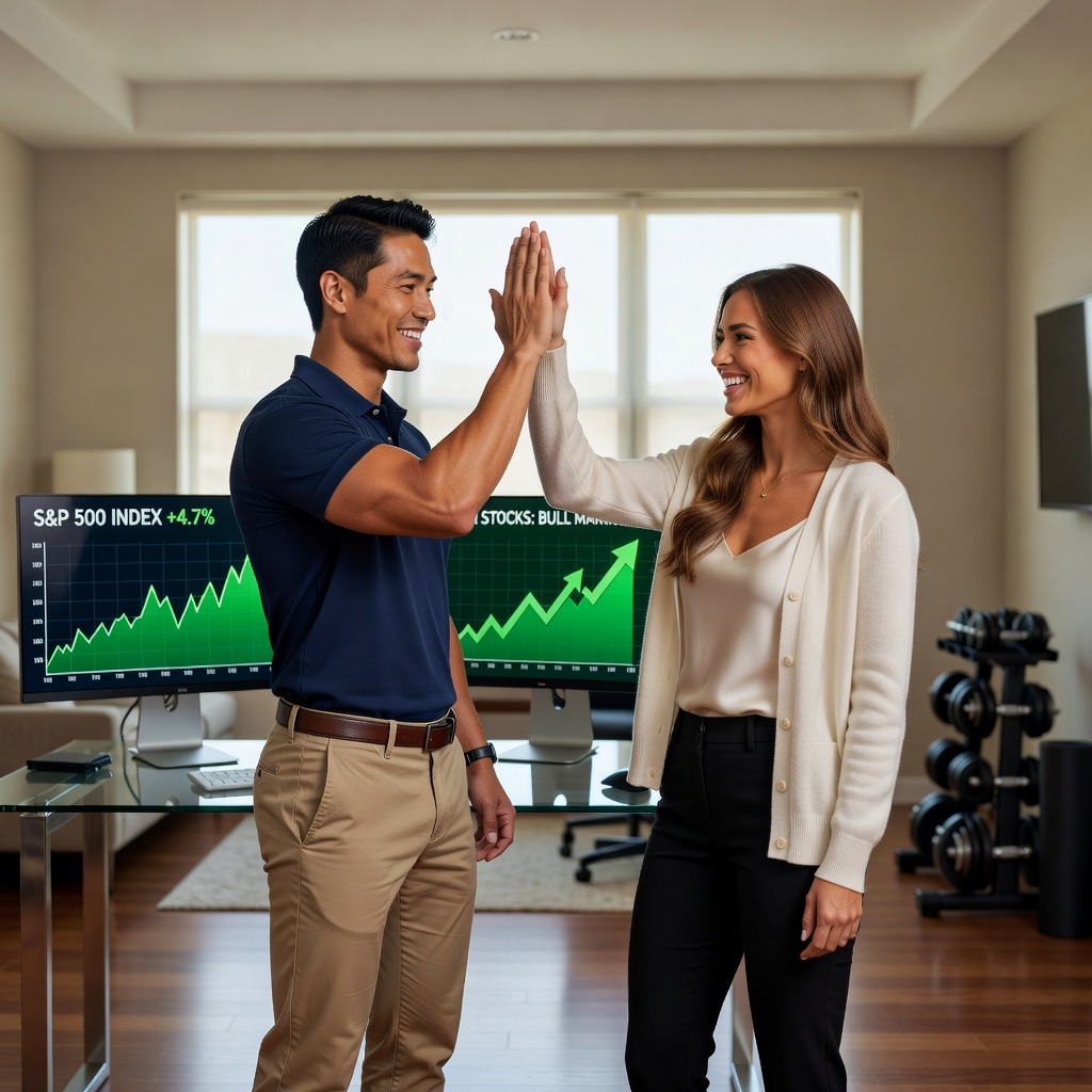 Confident 29-year-old Asian man and his good-looking cheerful girlfriend high-fiving over a rising stock chart on dual monitors in a sleek apartment, fitness gear in corner, vibrant success vibe