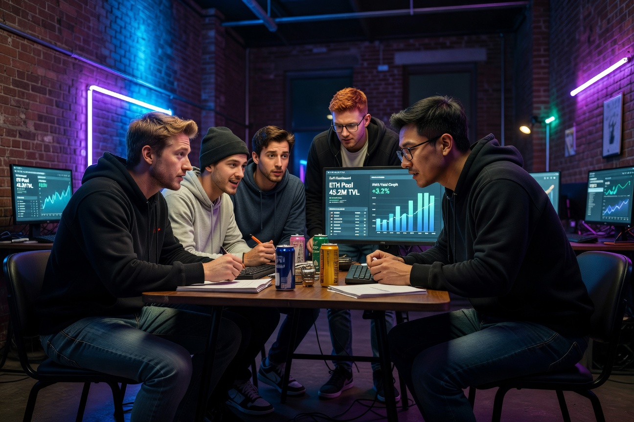 Young white men and Asian traders in a Brooklyn warehouse analyzing DeFi yields on laptops amid neon lights