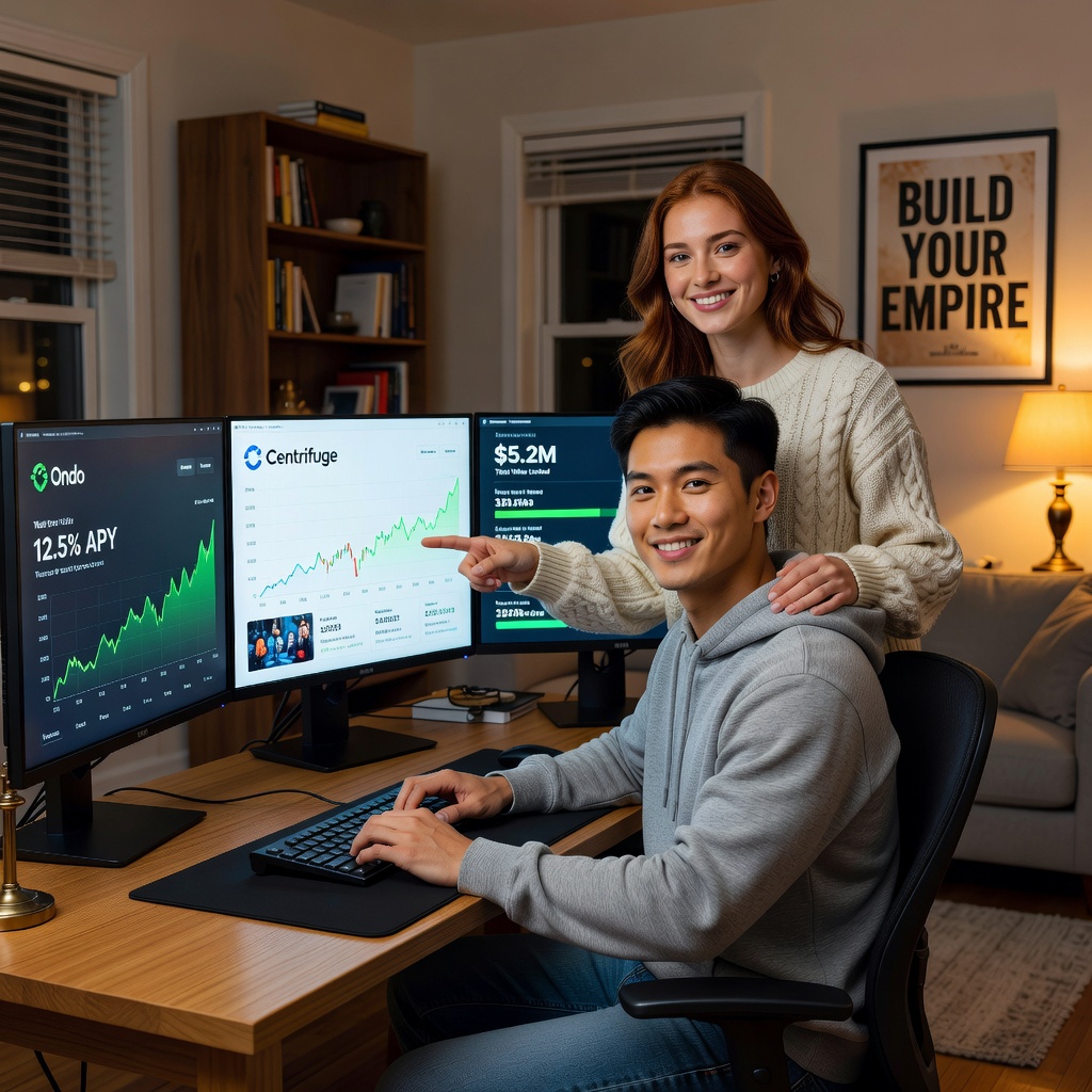 Healthy Asian man in casual attire reviewing tokenized real estate charts on a multi-monitor setup with his cheerful girlfriend smiling nearby