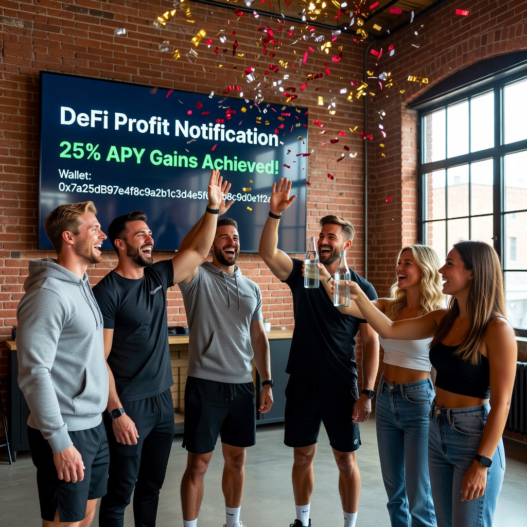 Group of healthy white men high-fiving over successful DeFi trade, with good-looking cheerful girlfriends toasting with energy drinks