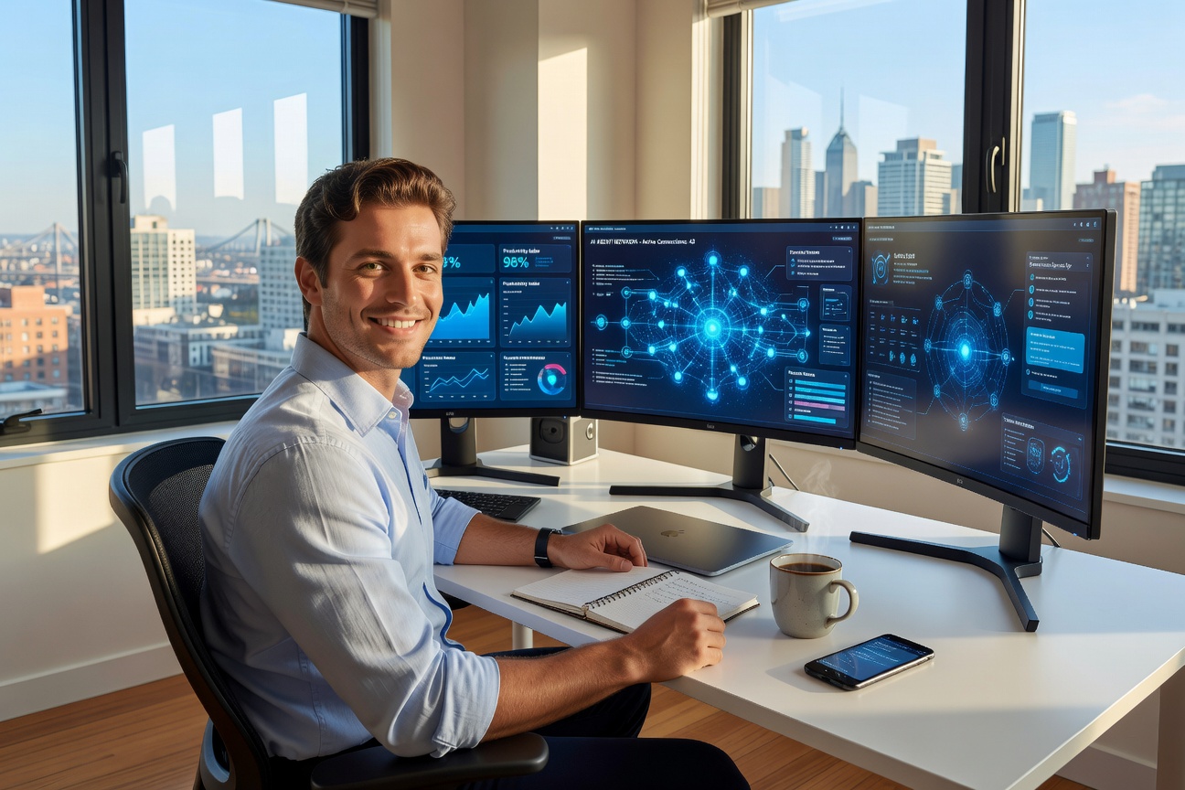 Young professional overseeing AI agents on multiple screens in a modern workspace