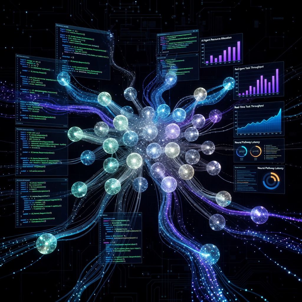 Dynamic visualization of interconnected AI agents collaborating on a digital dashboard