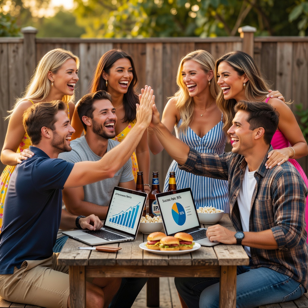 Group of young men and their girlfriends celebrating success around a table with laptops displaying AI dashboards