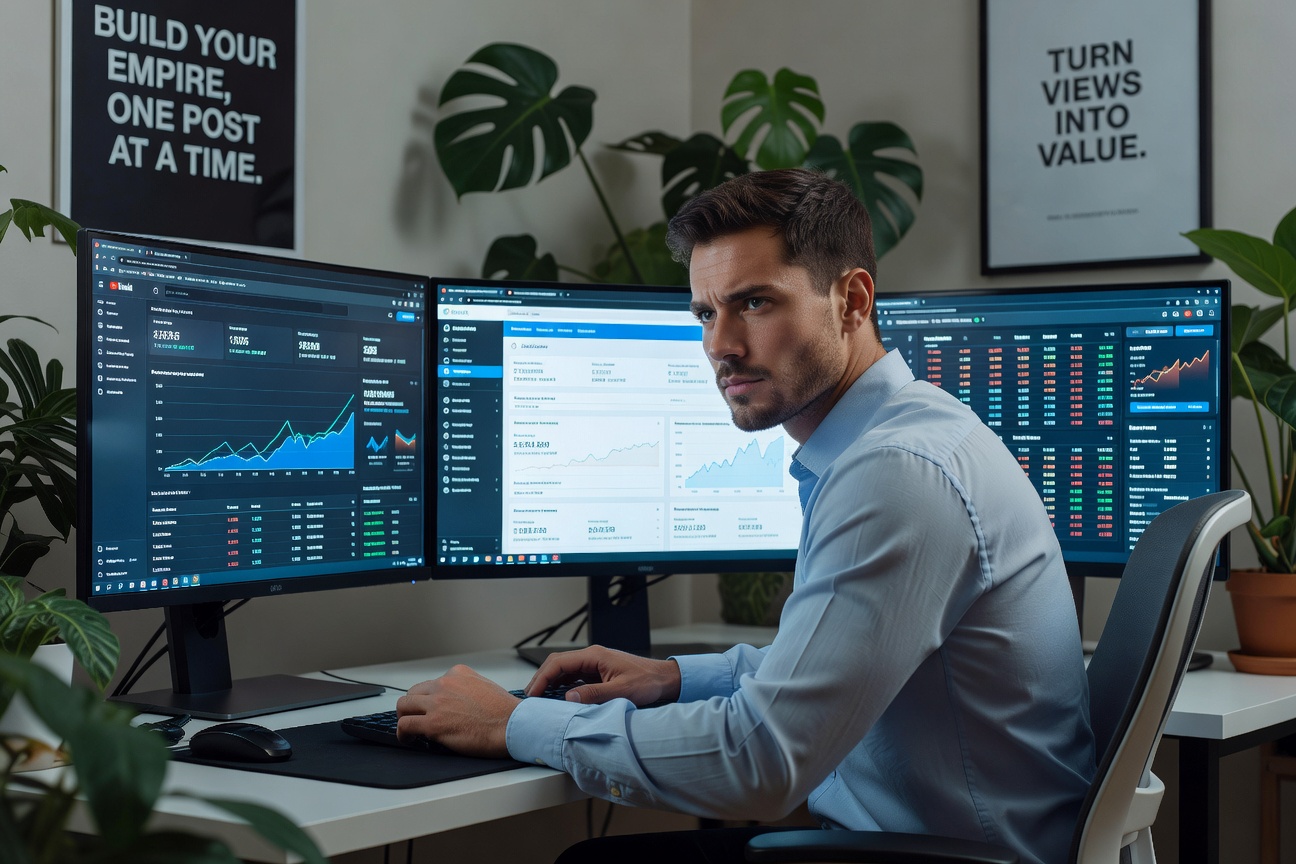 Dynamic young White entrepreneur analyzing creator economy charts on multiple screens in a sleek home office, with rising market graphs and platform logos glowing brightly.