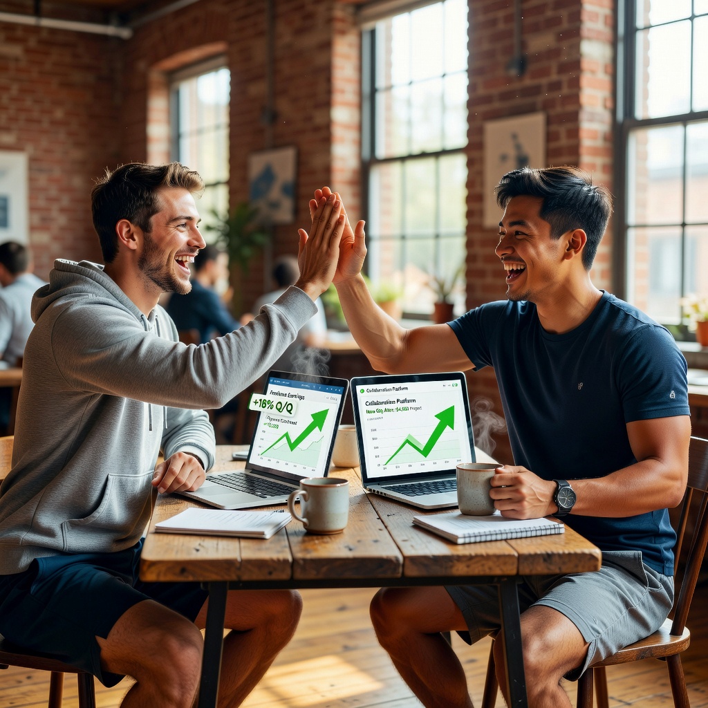 Healthy young Asian man and White friend high-fiving over laptops displaying freelance dashboards with green income arrows, surrounded by coffee mugs and strategy notes in a vibrant co-working space.