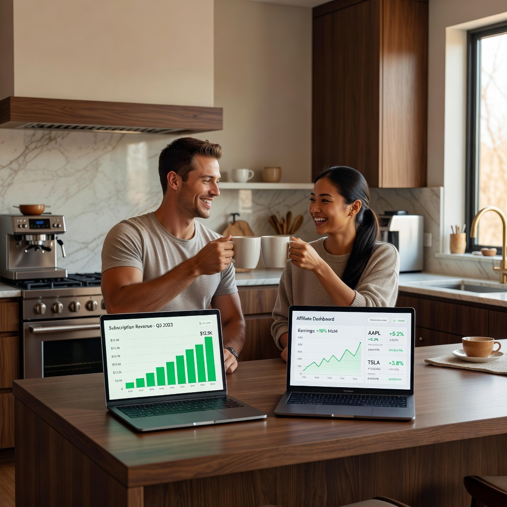 Cheerful young White man with good-looking Asian girlfriend toasting success with laptops showing diversified income streams, stock charts rising, in a modern kitchen turned command center.
