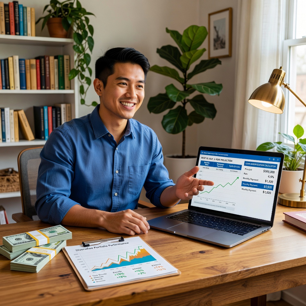 Young White man charting housing policy impacts on a laptop with financial graphs glowing