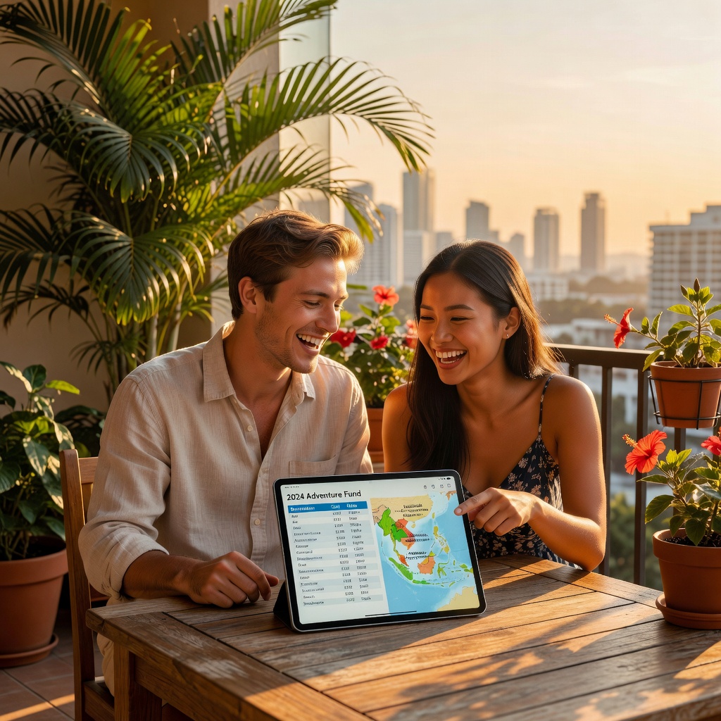 Cheerful Asian man and his good-looking White girlfriend planning travel budgets on a sunny balcony with policy charts