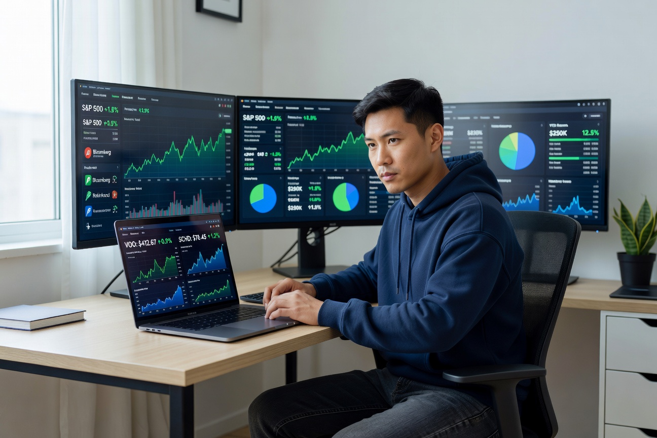 Young Asian man in modern home office reviewing investment portfolio on multiple screens, charts showing upward trends