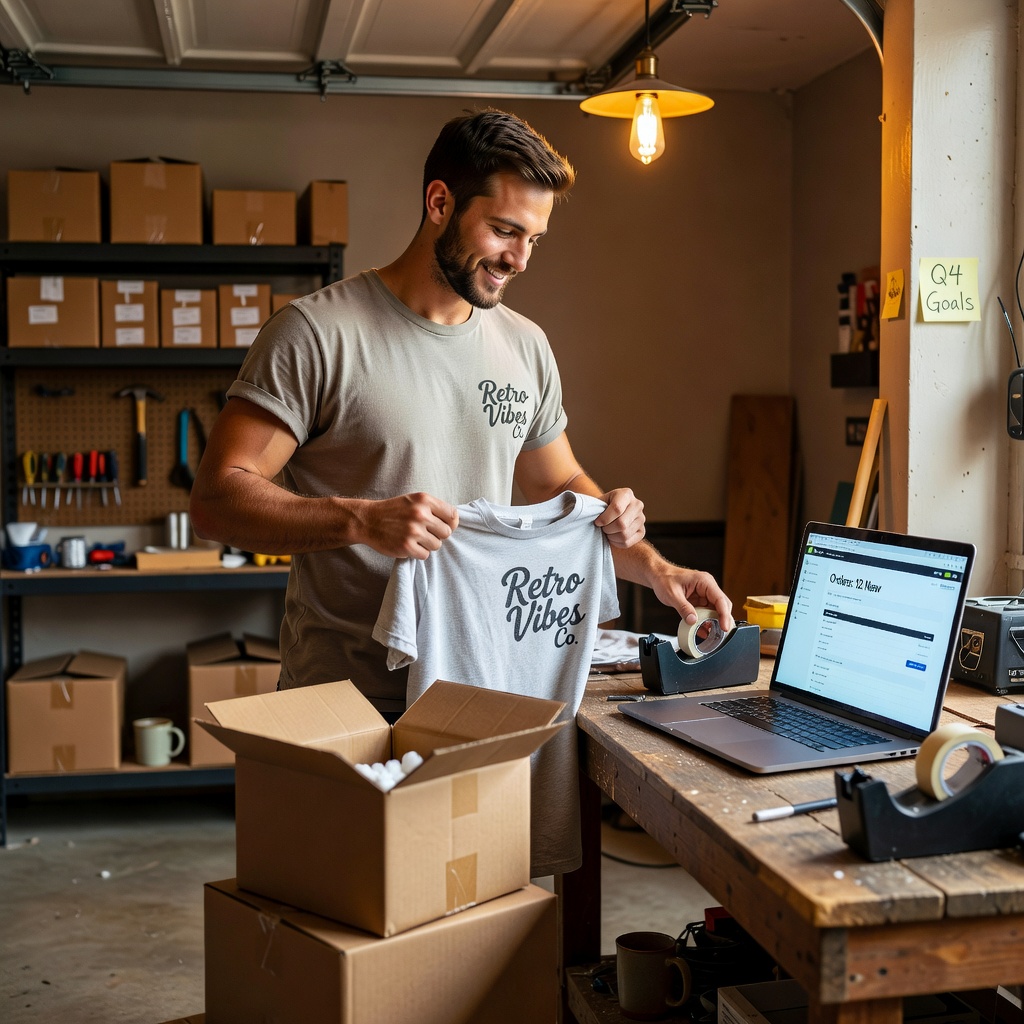White young man in casual attire packaging products for online store in garage setup, entrepreneurial vibe