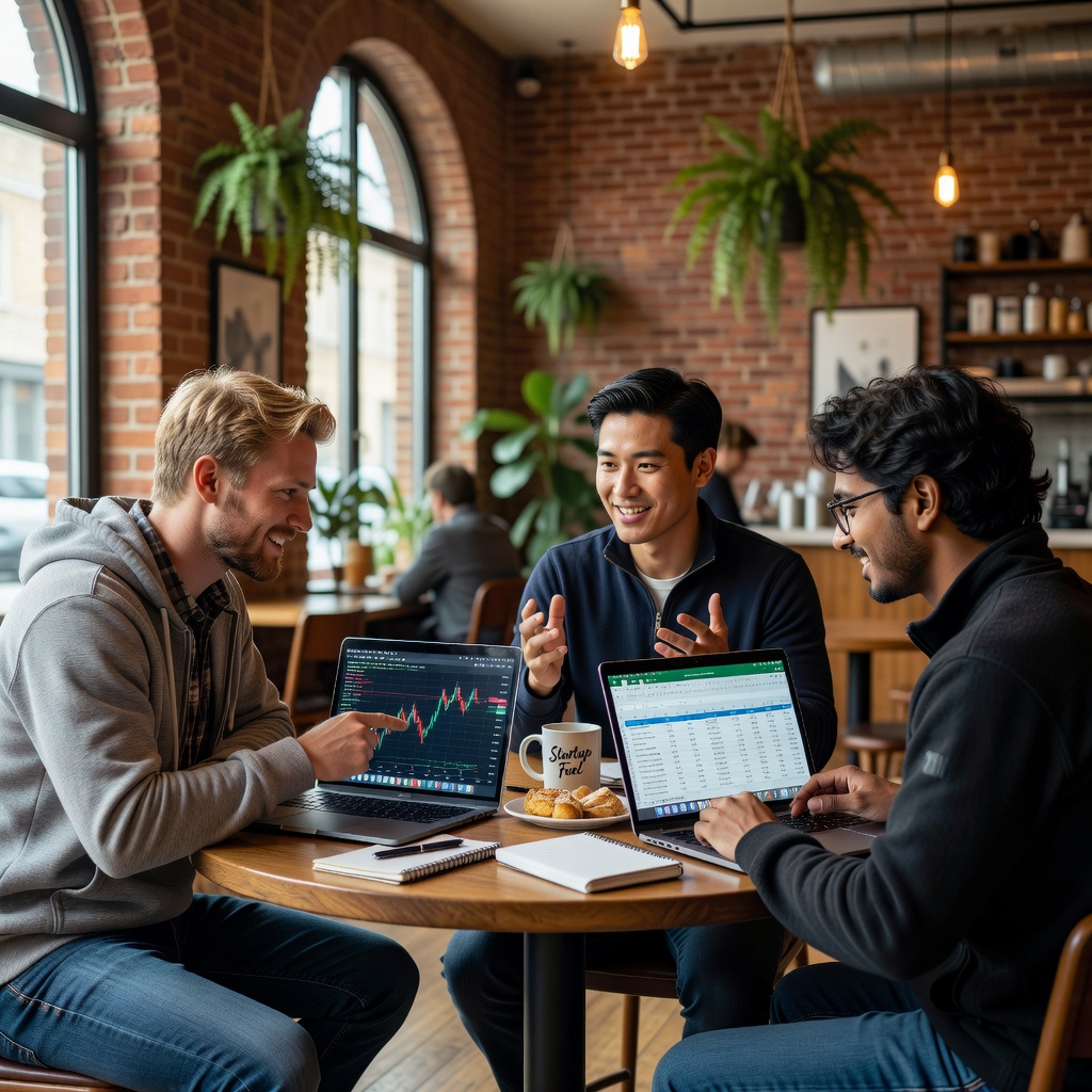 Group of young White and Asian men discussing finances around a table with laptops and coffee, collaborative startup atmosphere