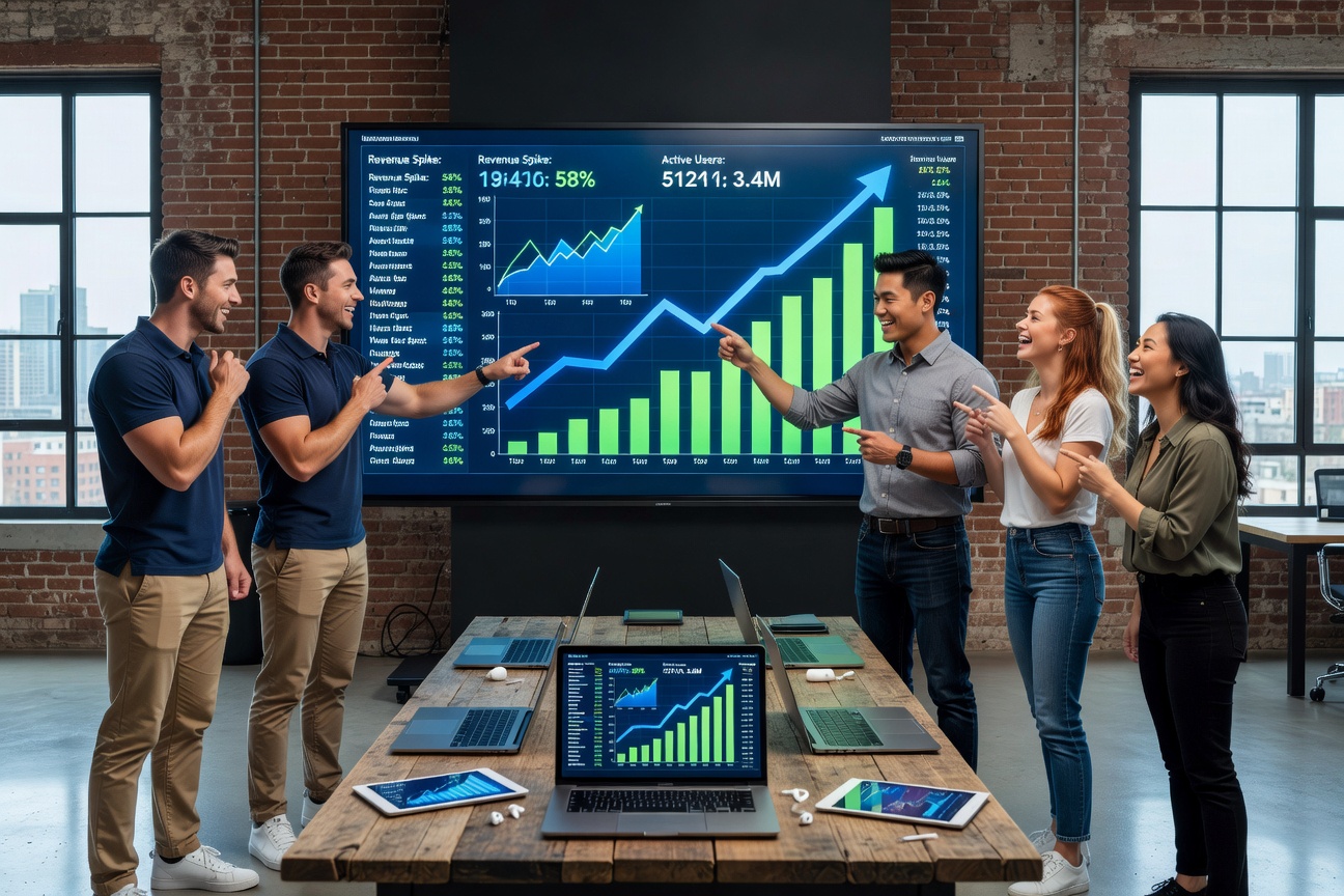 Young entrepreneurs reviewing neobank dashboards on laptops in a modern loft, charts soaring upward