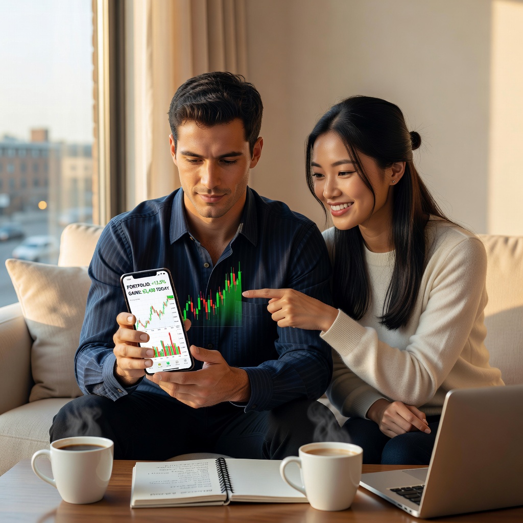 Healthy White man in 20s analyzing investment app charts on phone, cheerful girlfriend pointing excitedly