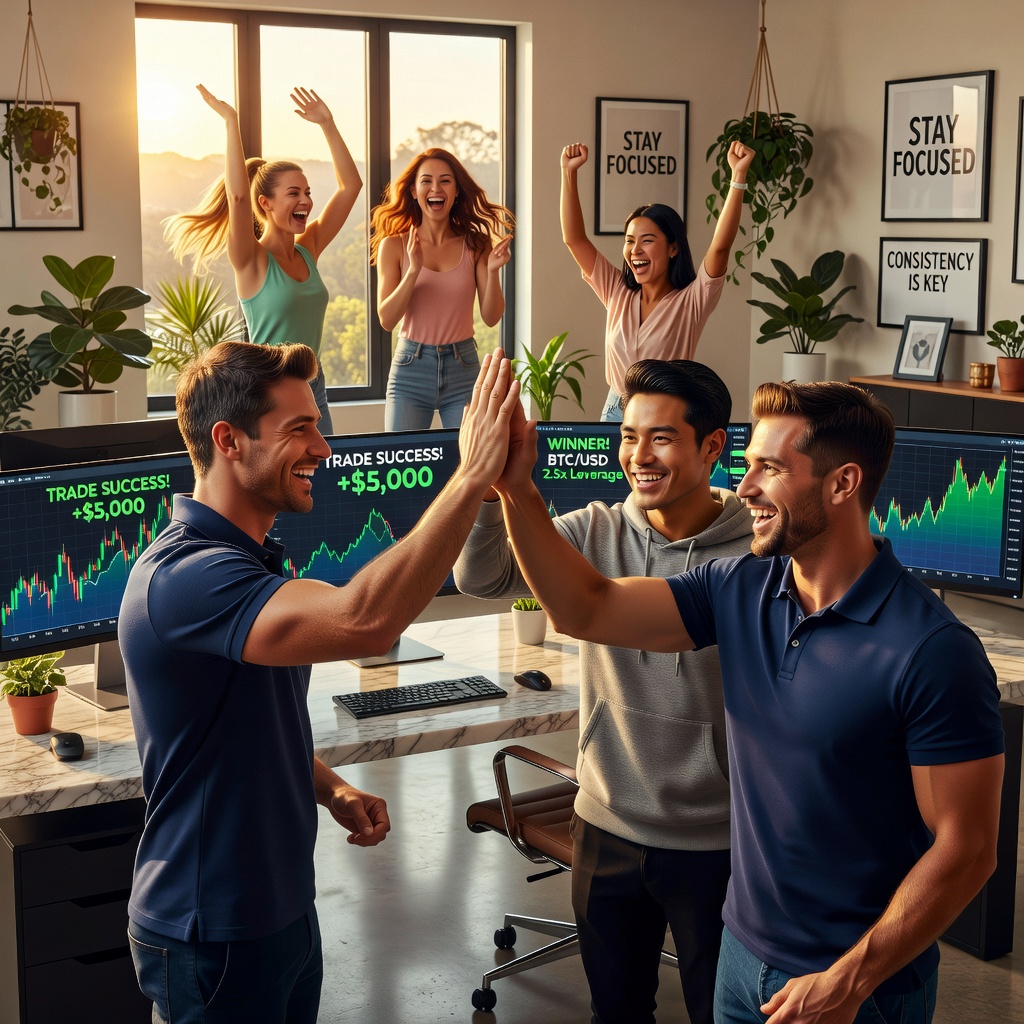 Group of healthy Asian and White men in 30s high-fiving over successful app trades, girlfriends cheering in background