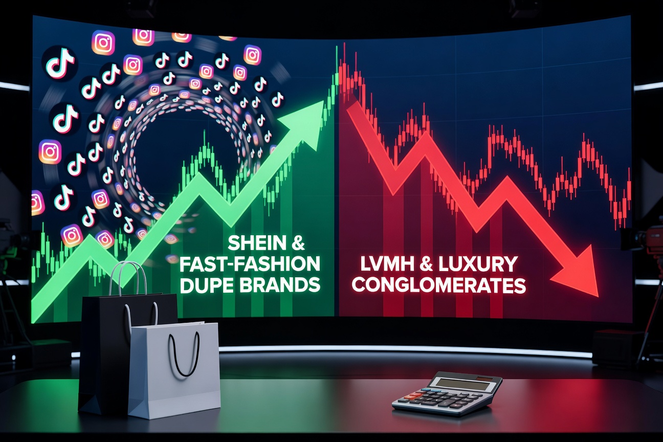 Dynamic stock market charts overlaying social media icons with rising dupe brand graphs and declining luxury logos
