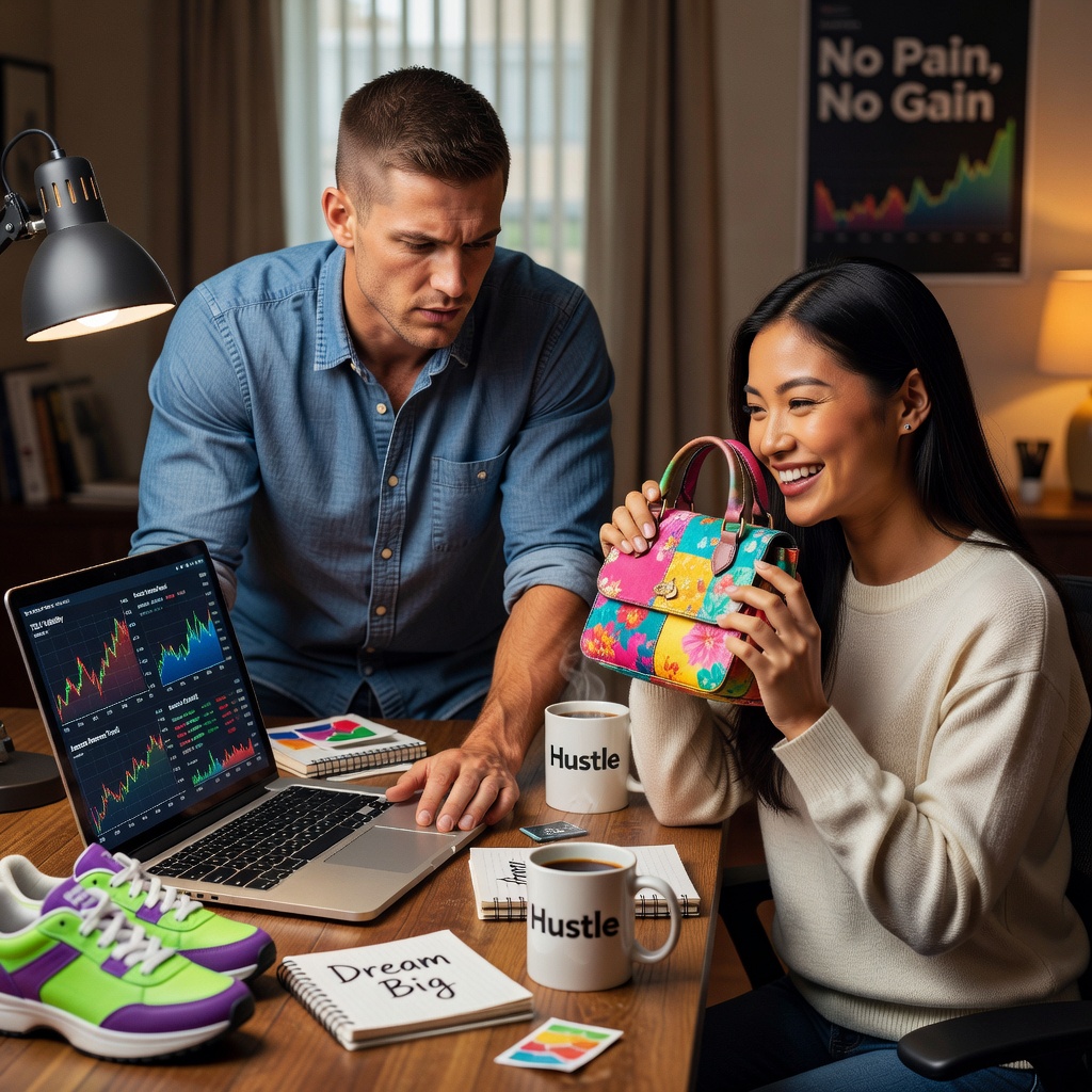 Healthy White man in his 20s analyzing retail stock charts on a laptop beside his cheerful Asian girlfriend reviewing dupe product samples