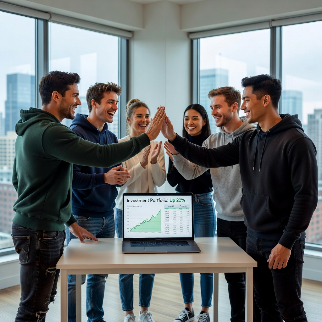Group of cheerful White and Asian men in casual attire high-fiving over a shared spreadsheet of investment gains and budget wins, with girlfriends smiling in background