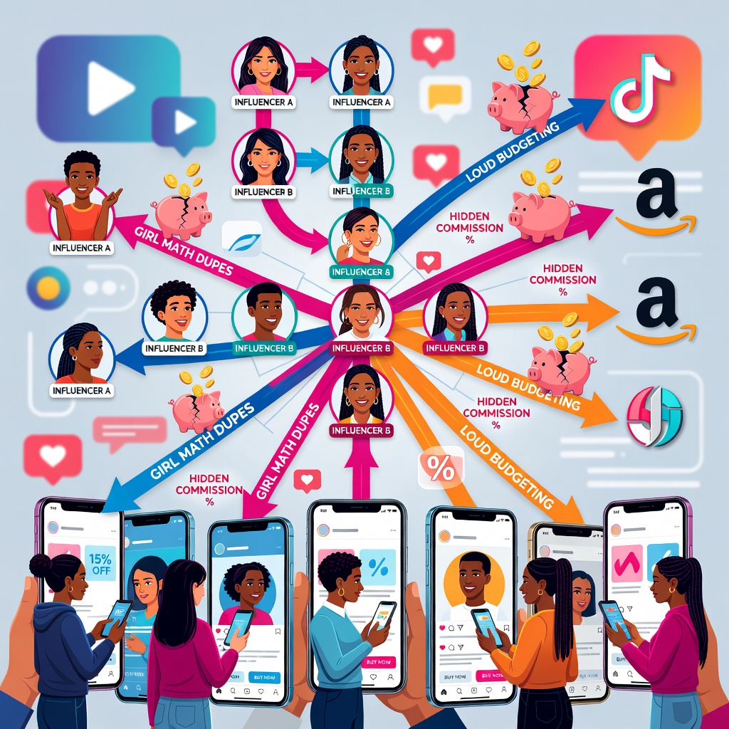 Network diagram showing cash flow from young consumers to influencers and brands via dupes and trends