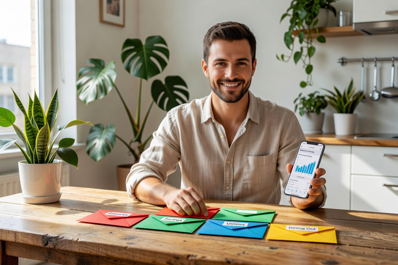 Young man tracking expenses on phone app surrounded by cash envelopes