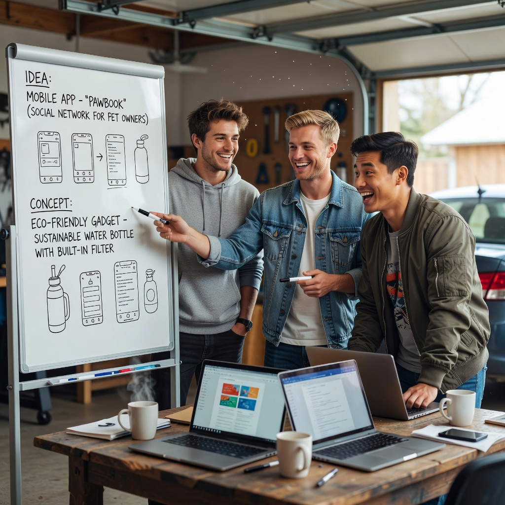 Group of young White and Asian men brainstorming side hustle ideas on whiteboard