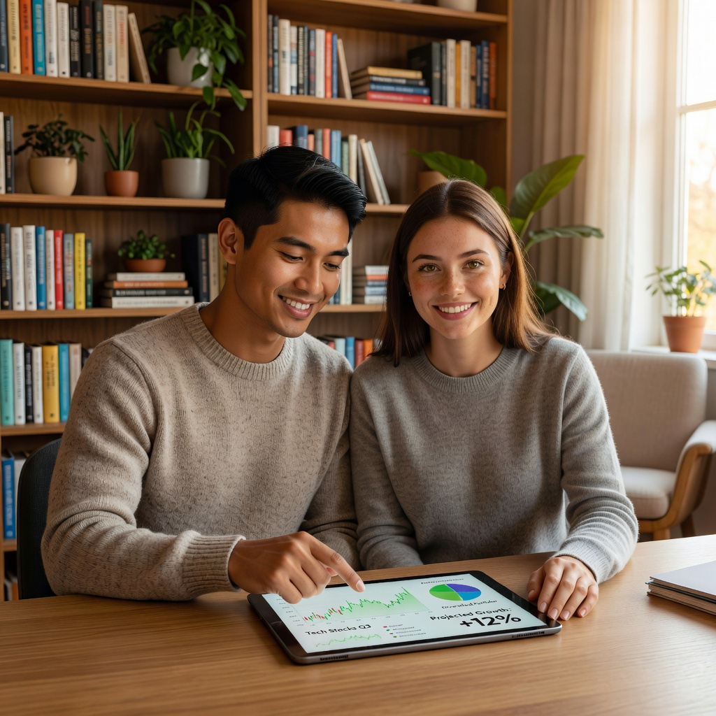 Cheerful couple reviewing investment portfolio on tablet in cozy home office