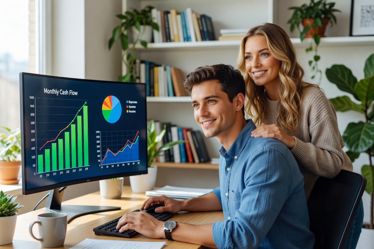Young professionals charting cash flow strategies on digital dashboards