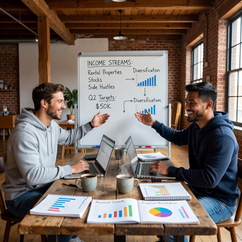 Group of young men discussing financial strategies around a table