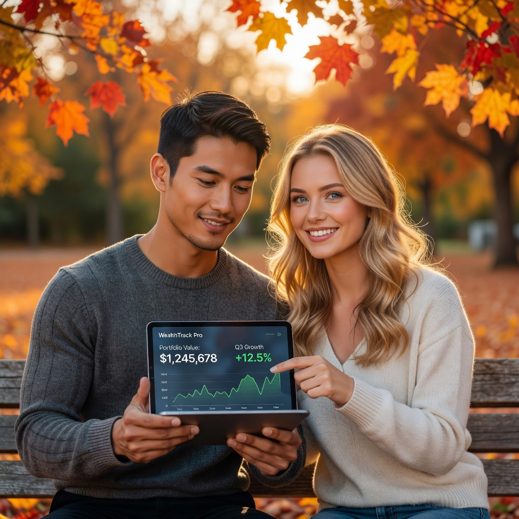 Young couple reviewing investment growth on a tablet outdoors