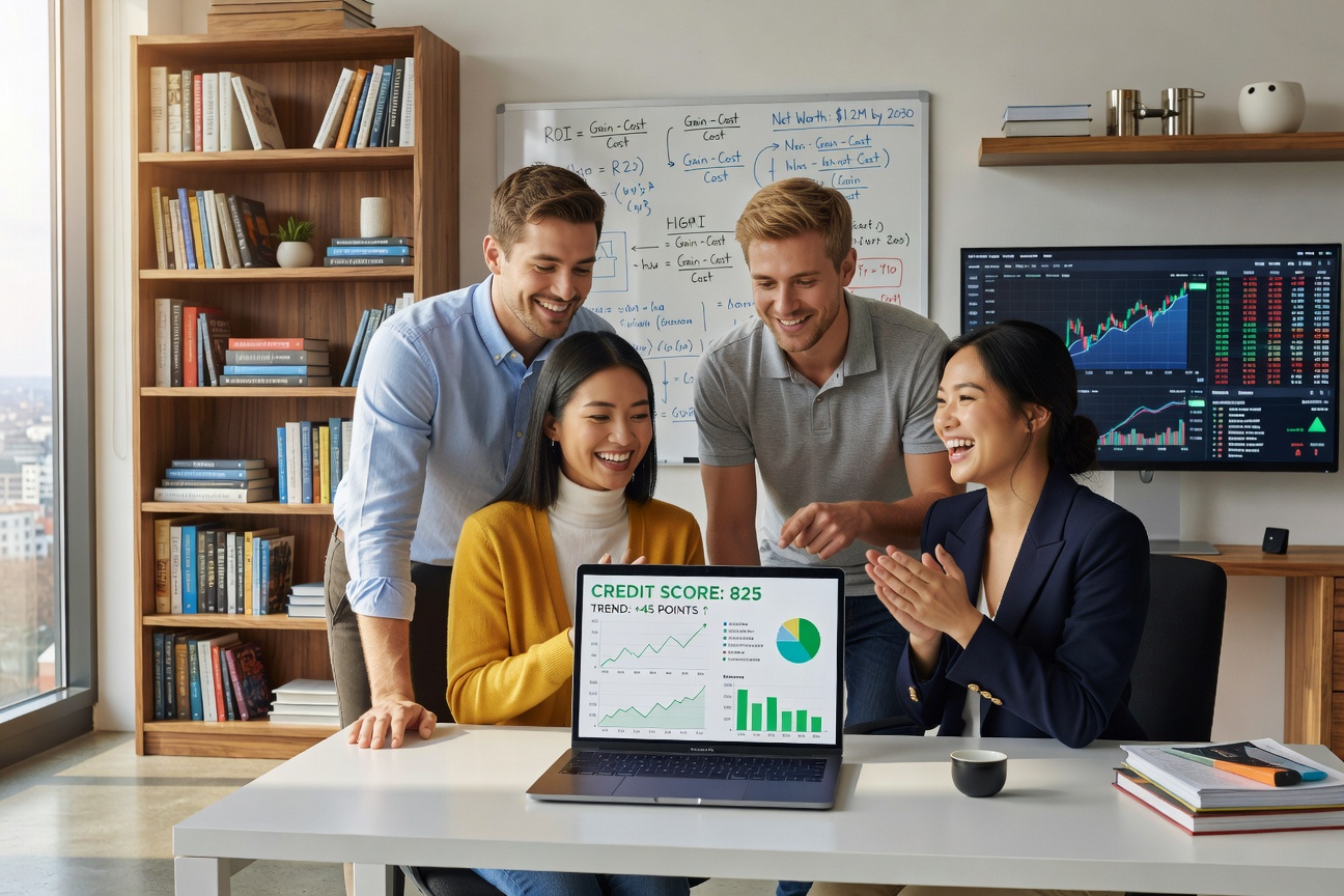 Young professionals reviewing credit reports