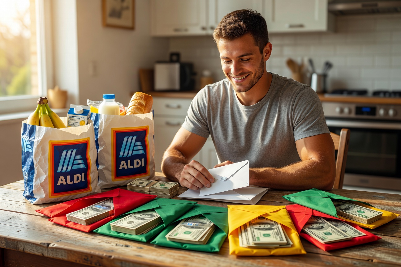 Jake Harlan demonstrating cash stuffing on his cluttered kitchen table surrounded by colorful envelopes and grocery hauls