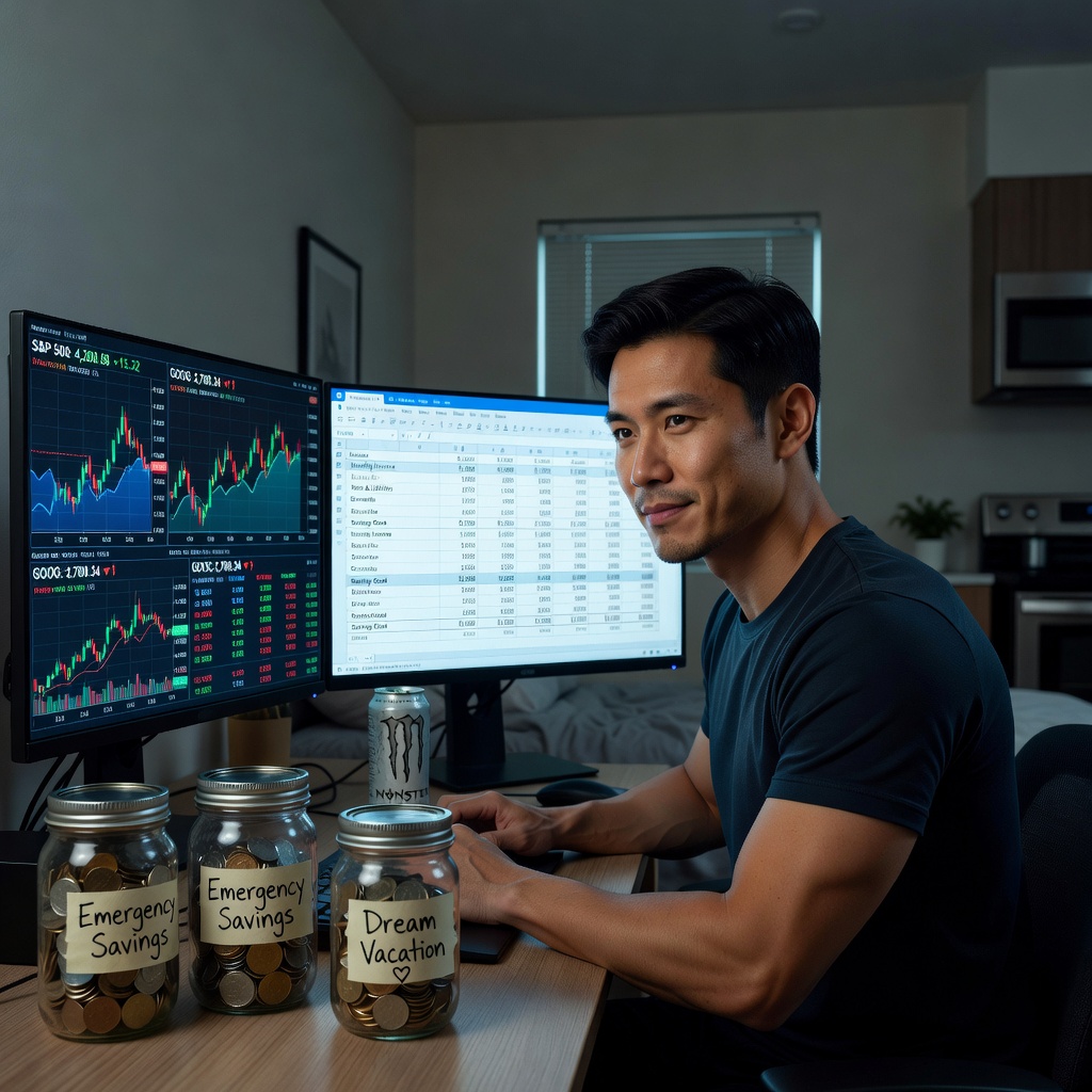 Liam Chen analyzing stock charts on dual monitors in his compact apartment setup with saving jars visible in foreground